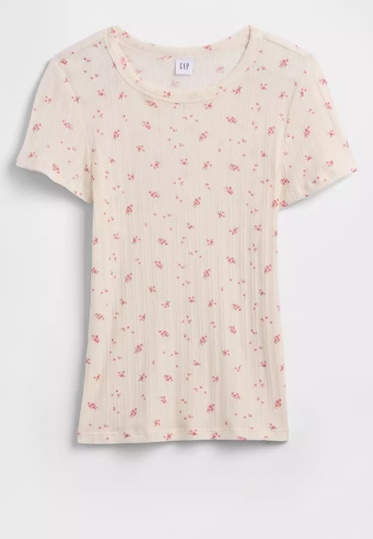 Short Sleeves Rib Printed Pointelle Top