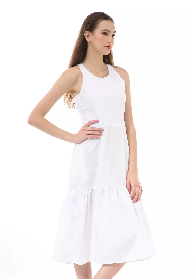 Rachel Midi Dress Wanita Tanpa Lengan Motif Polos Material Poplin ORIGINAL - White