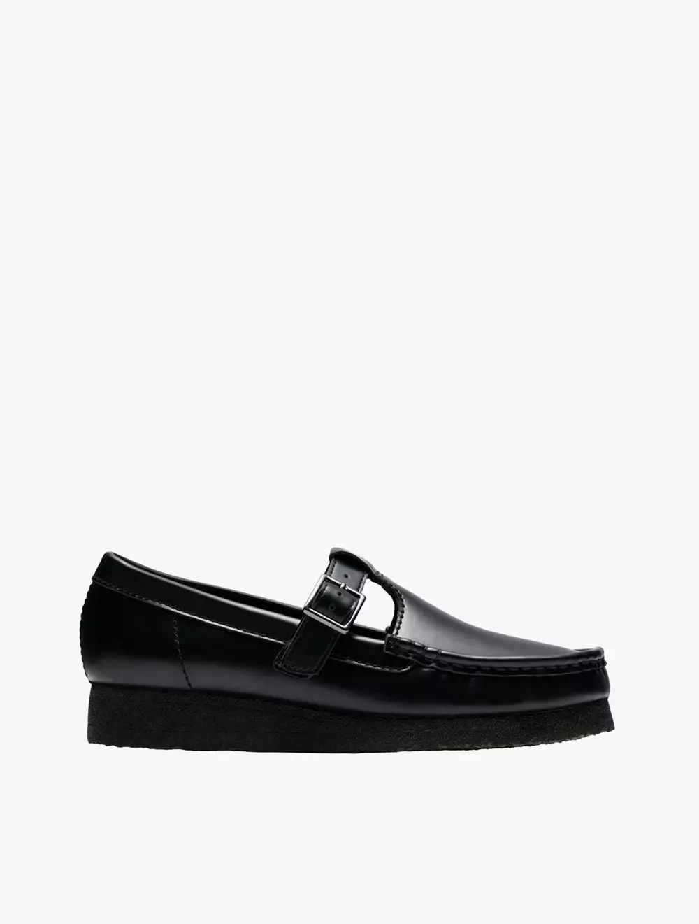 Clarks Wallabee T Bar Blk HiShine Lea