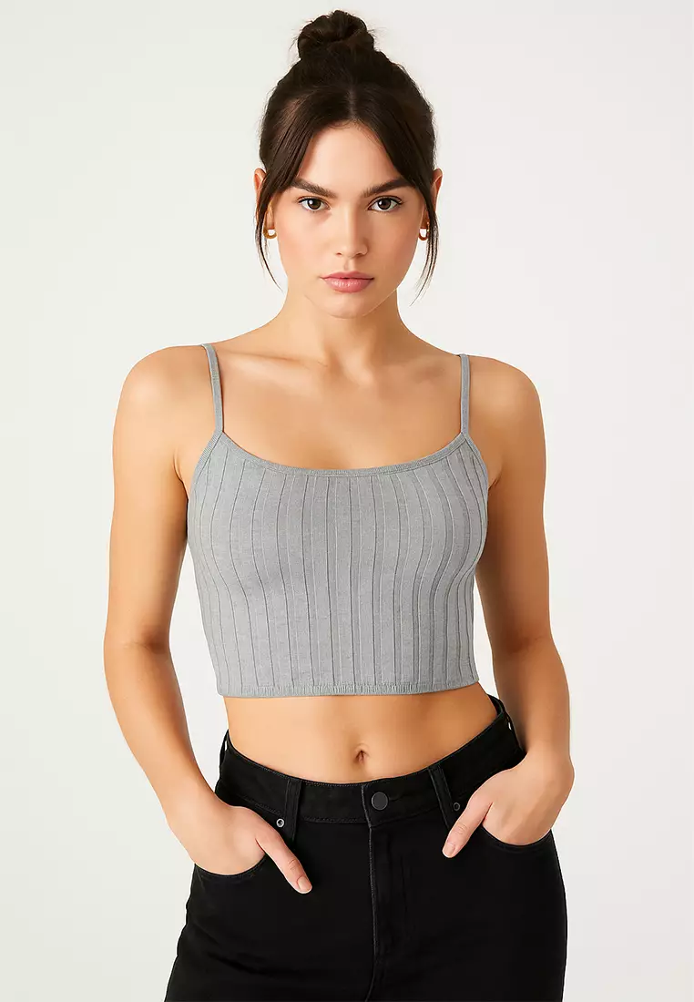 Rib Knit Spaghetti Crop Top in Heather Grey