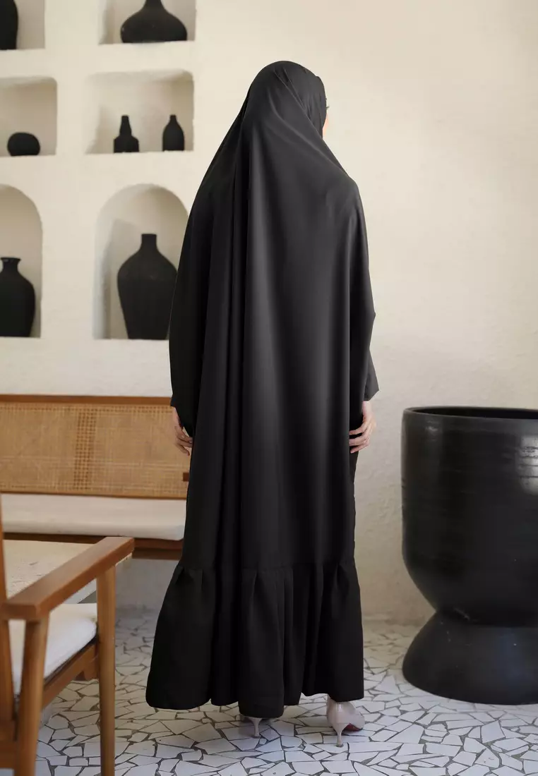Zelena - Yasmina Abaya Set | Set Dress Khimar Ruffle - Jet Black