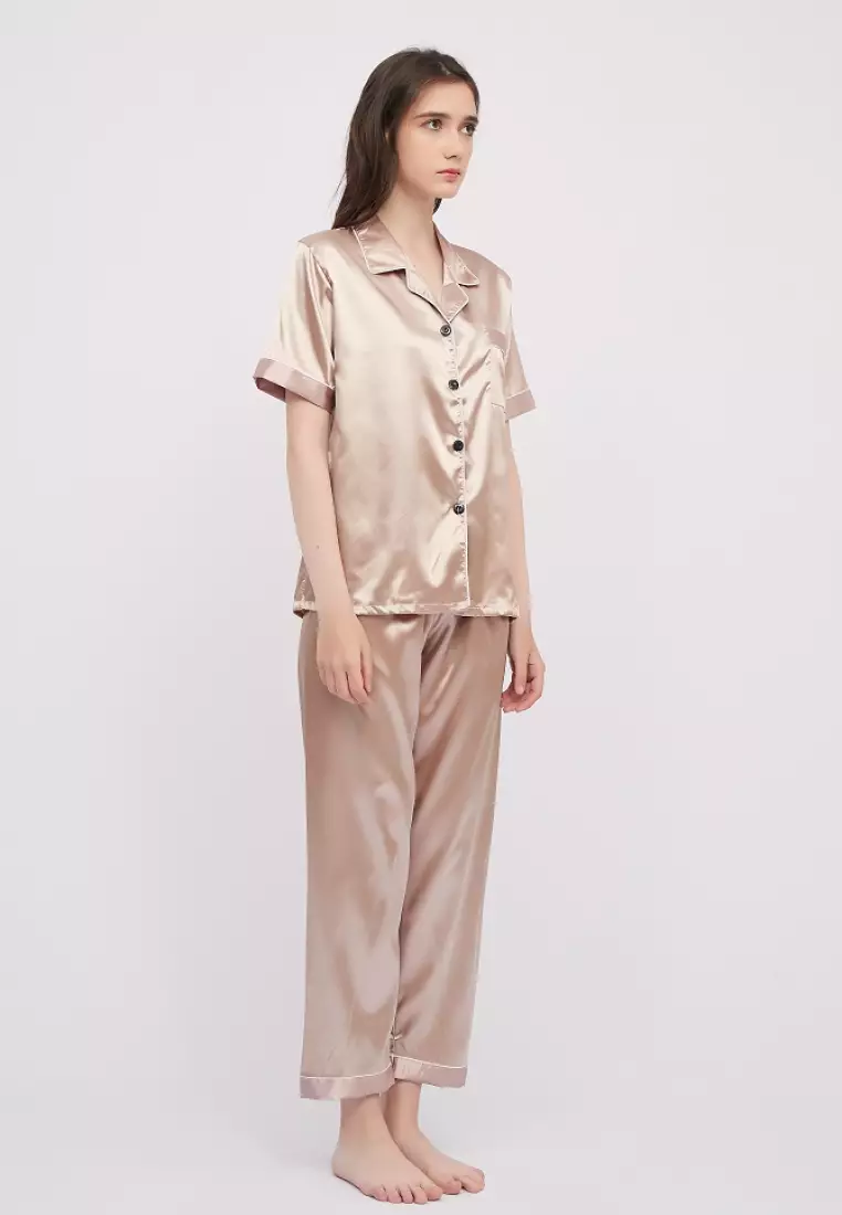 Basic Silk Pajama Short Sleeves Set Lounge Wear Sleepwear – Shapes & Curves