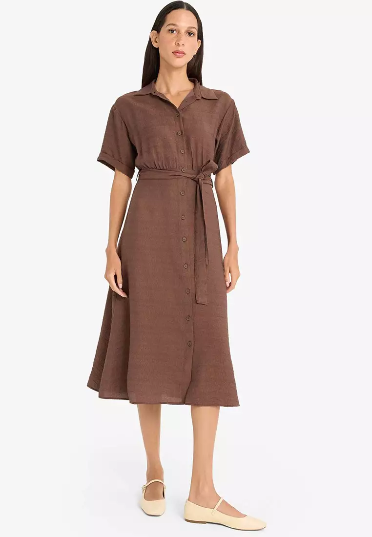 Shirt Collar Belted Short Sleeve Red Midi Summer Dress F2113Ax25Sm