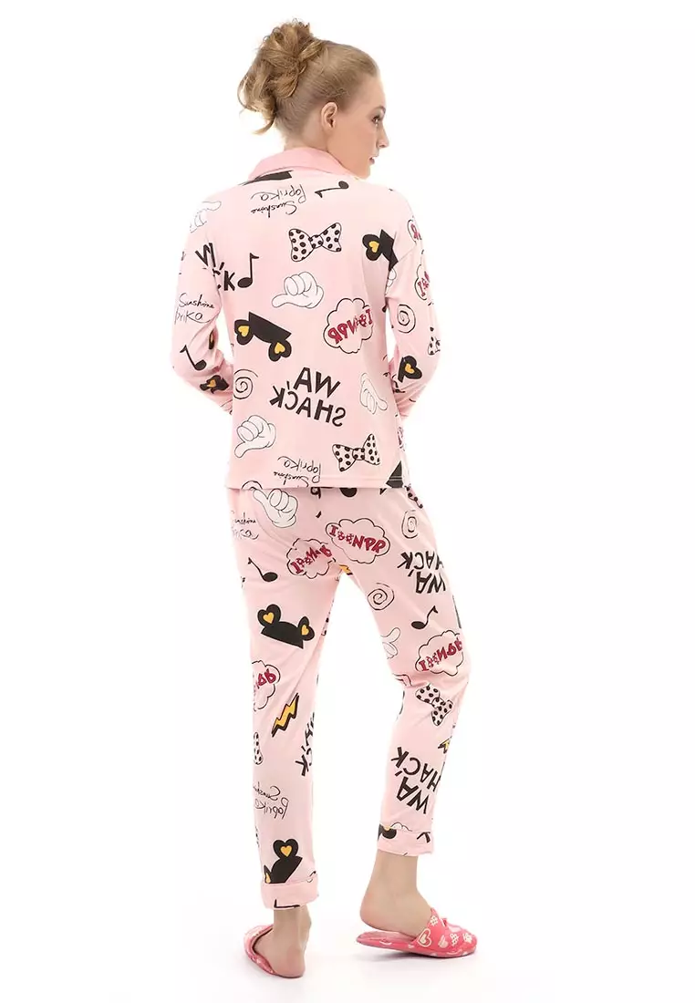 Vance Setelan Piyama Baju Tidur Wanita Lengan Panjang Motif Petir Material Cotton ORIGINAL - Pink
