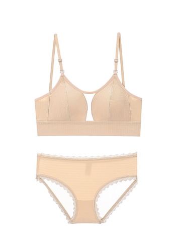 ZITIQUE beige Women's Latest Triangle Cup Invisible Beautiful Back Large U-shaped Wire-free Thin Padded Push Up Lingerie Set (Bra And Underwear) - Beige 0760DUS3183665GS_1