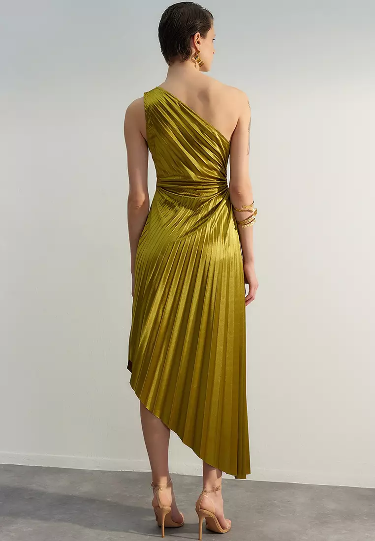 Asymmetric Pleated Detailed Satin Elegant Evening Dress