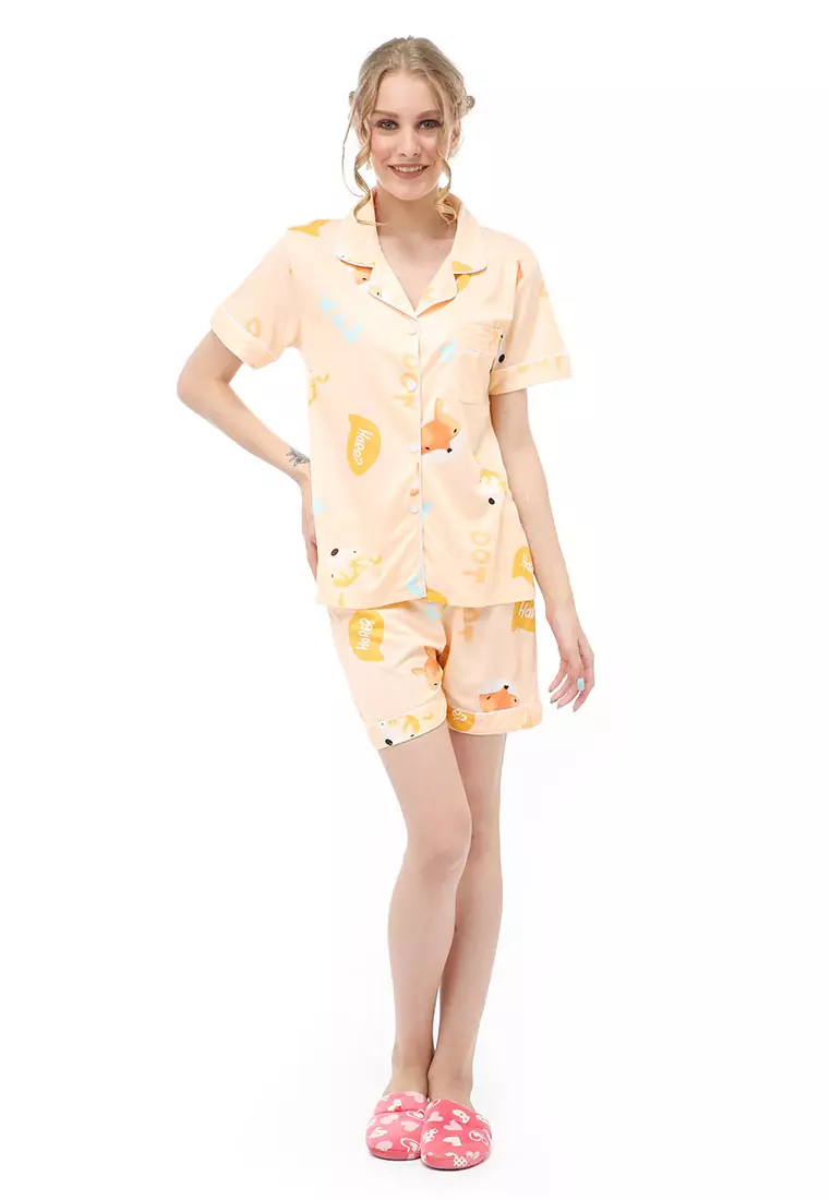 Vance Setelan Piyama Baju Tidur Wanita Celana Pendek Motif Fox Material Spandex ORIGINAL - Orange