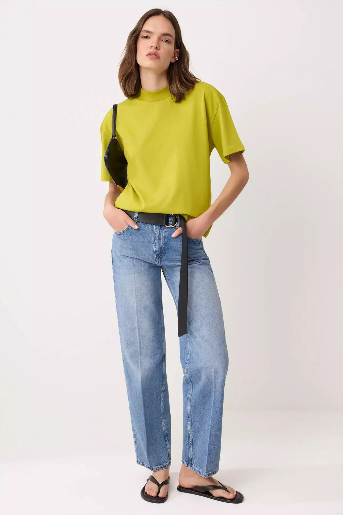Oil Green 1% Thick Cotton Stand Collar Three Quarter Sleeve Knitted T-Shirt Twoss24Ts74