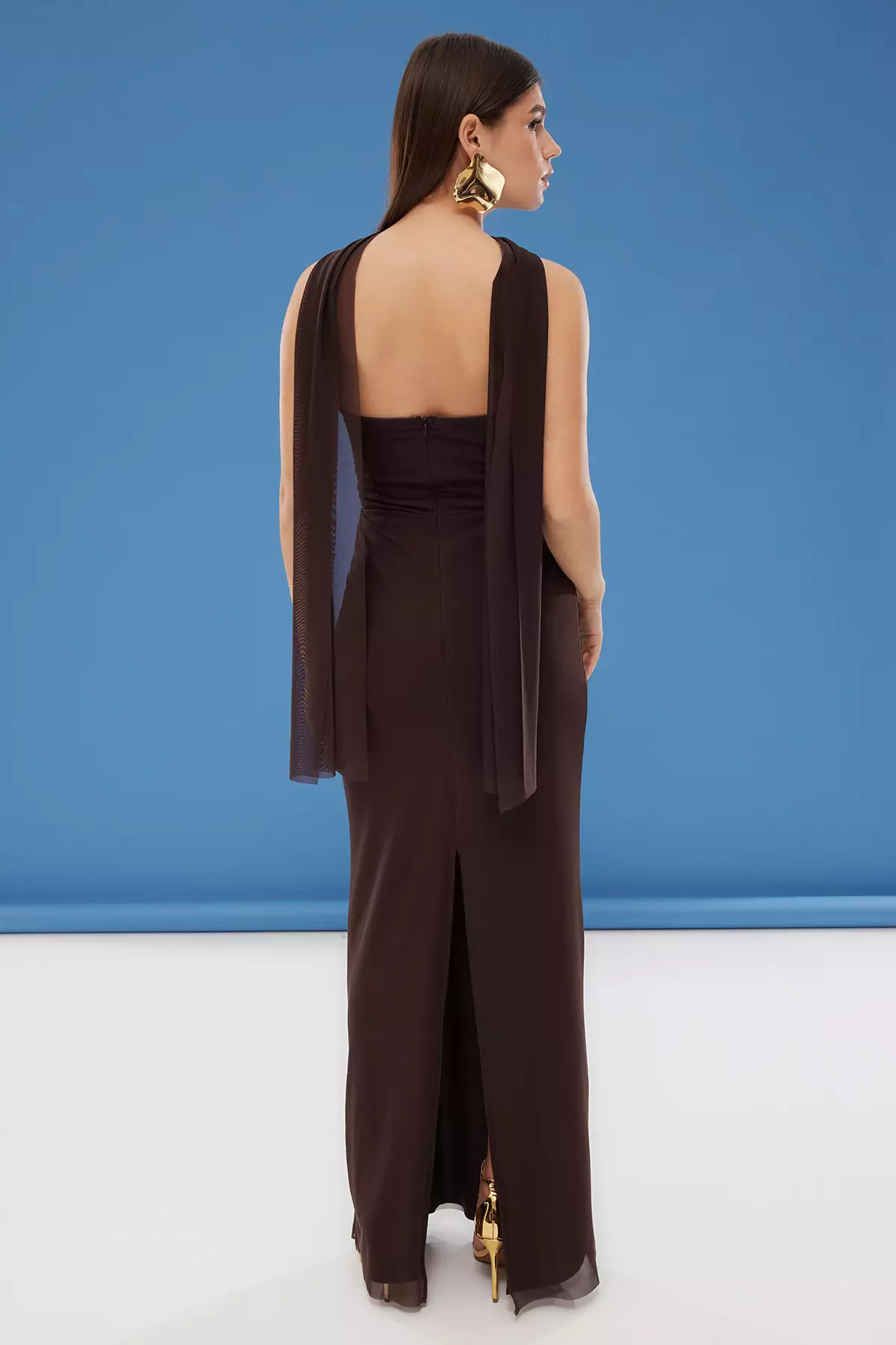 Slit Ruched Strapless Evening Maxi Dress With Scarf