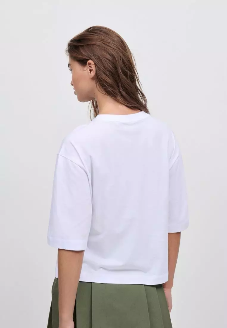 Relaxed Boxy Elbow Length Crew Neck T-Shirt