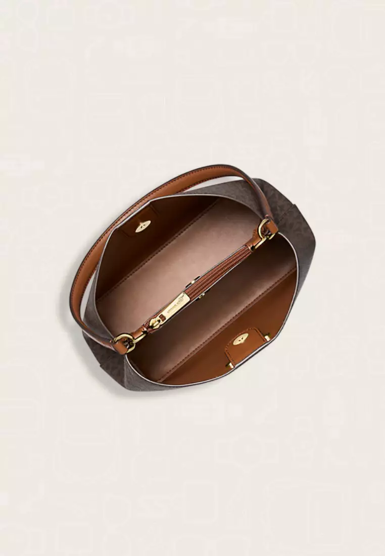 Michael Kors Pratt Medium Signature Logo and Metallic Shoulder Bag Brown