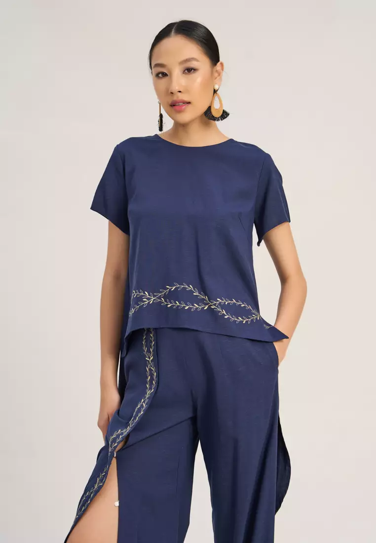 Navy Embroidery Linen Blouse