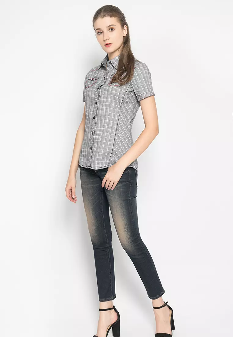 LGS - Kemeja Casual Wanita - Lengan Pendek - Kotak-Kotak - Abu-Abu - LSH.380.O1117.401.C