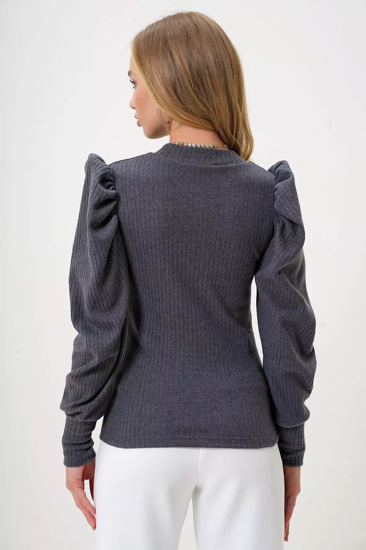 Women's Anthracite Crew Neck Drop Decollete Princess Sleeve Knitwear Blouse