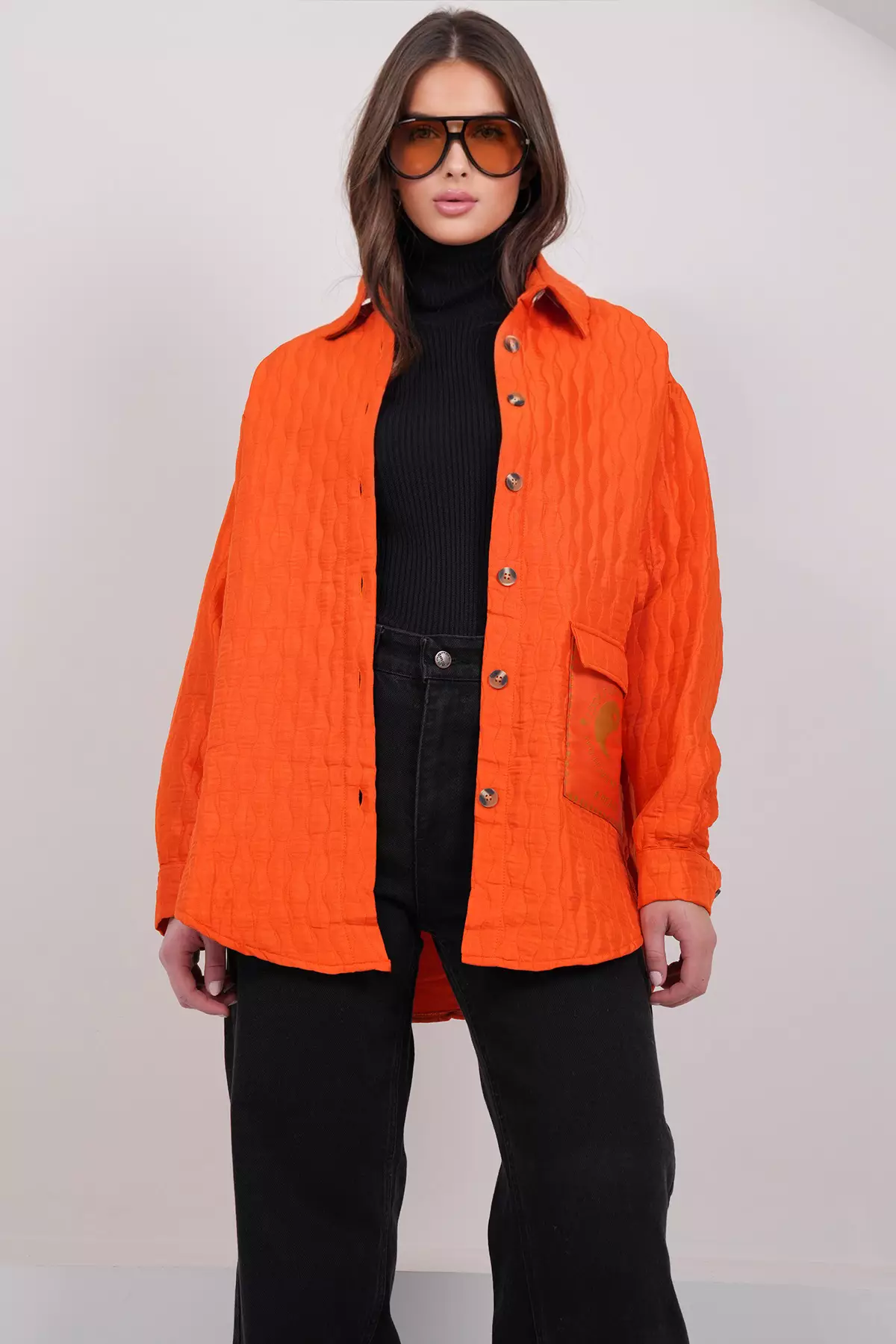 Women'S Orange Pocket Detailed Quilted Shirt Jacket Alc-X14986