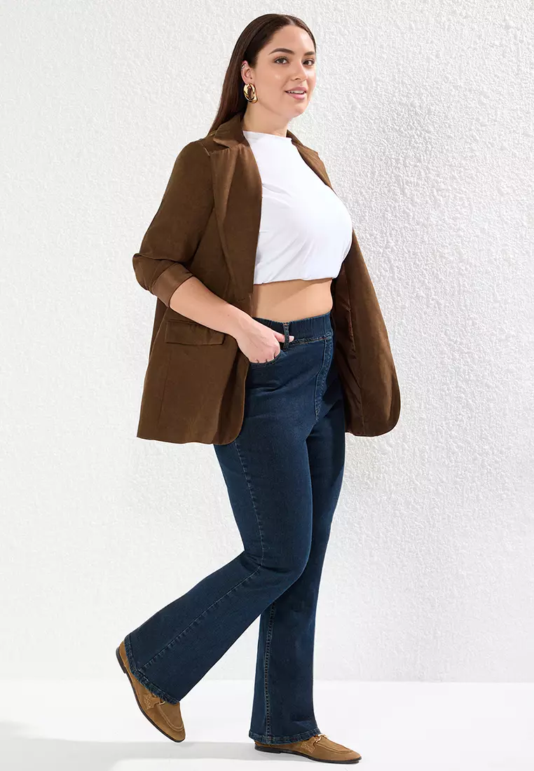 Dark Blue High Comfort Elastic Waist Flare Fit Jeans TBBAW25CJ00031