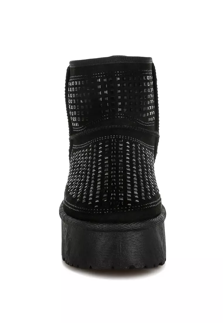 Chunky Rhinestones Ankle Boots in Black