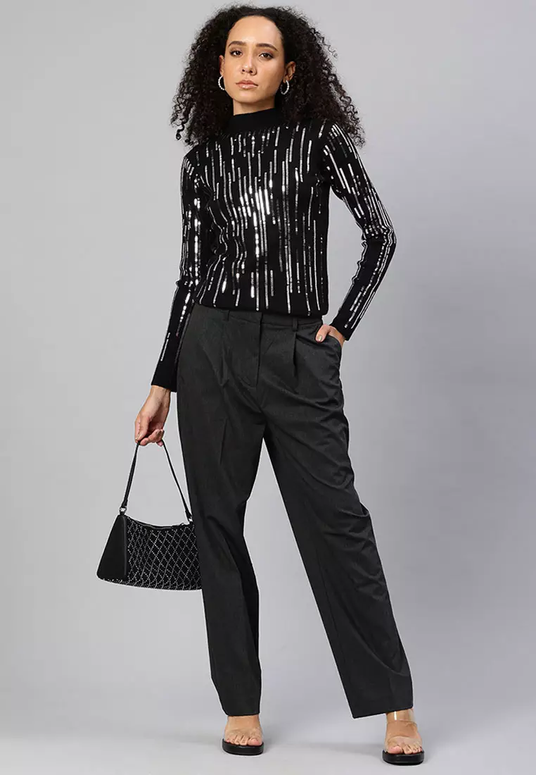 Sequin Detail Full Sleeves Top in Black