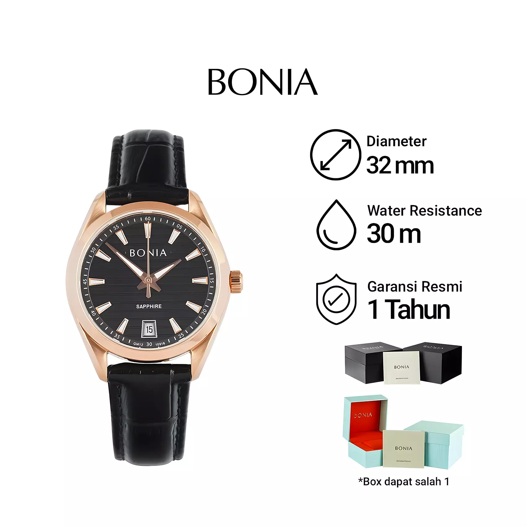 Bonia - Jam Tangan Analog Wanita Sapphire Glass - Rose Gold Case - Black Leather Strap - B10916-2532