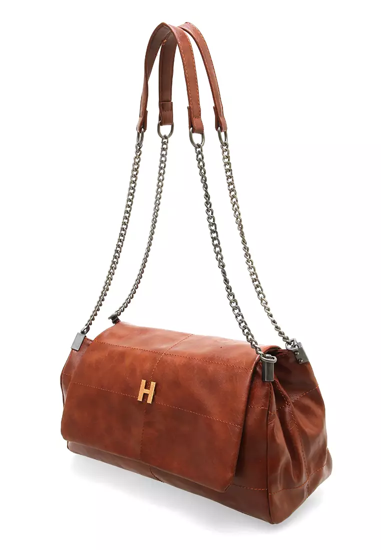 Eilaria Tas Kerja Wanita Shoulder Bag Tali Rantai Large Compartment Material Leather ORIGINAL - Brown
