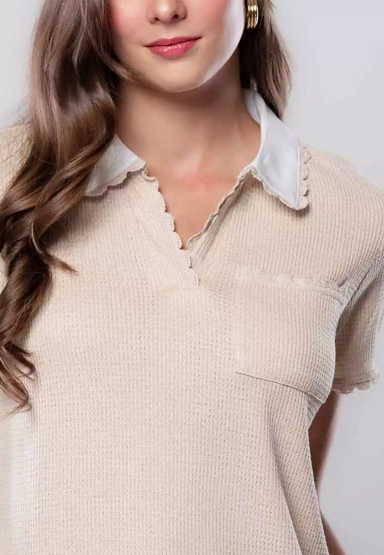 Ysabel Collared Knit Top with Scallop Trimming and Chest Pocket
