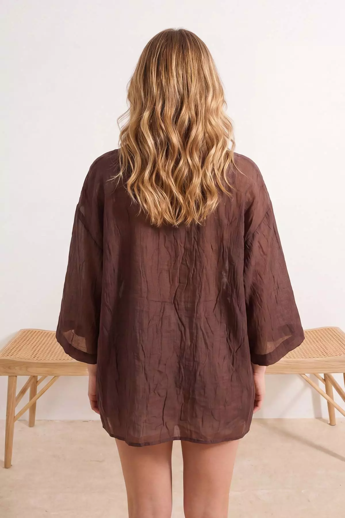 Brown Woven Transparent Oversize Beach Shirt Tbess26Go4
