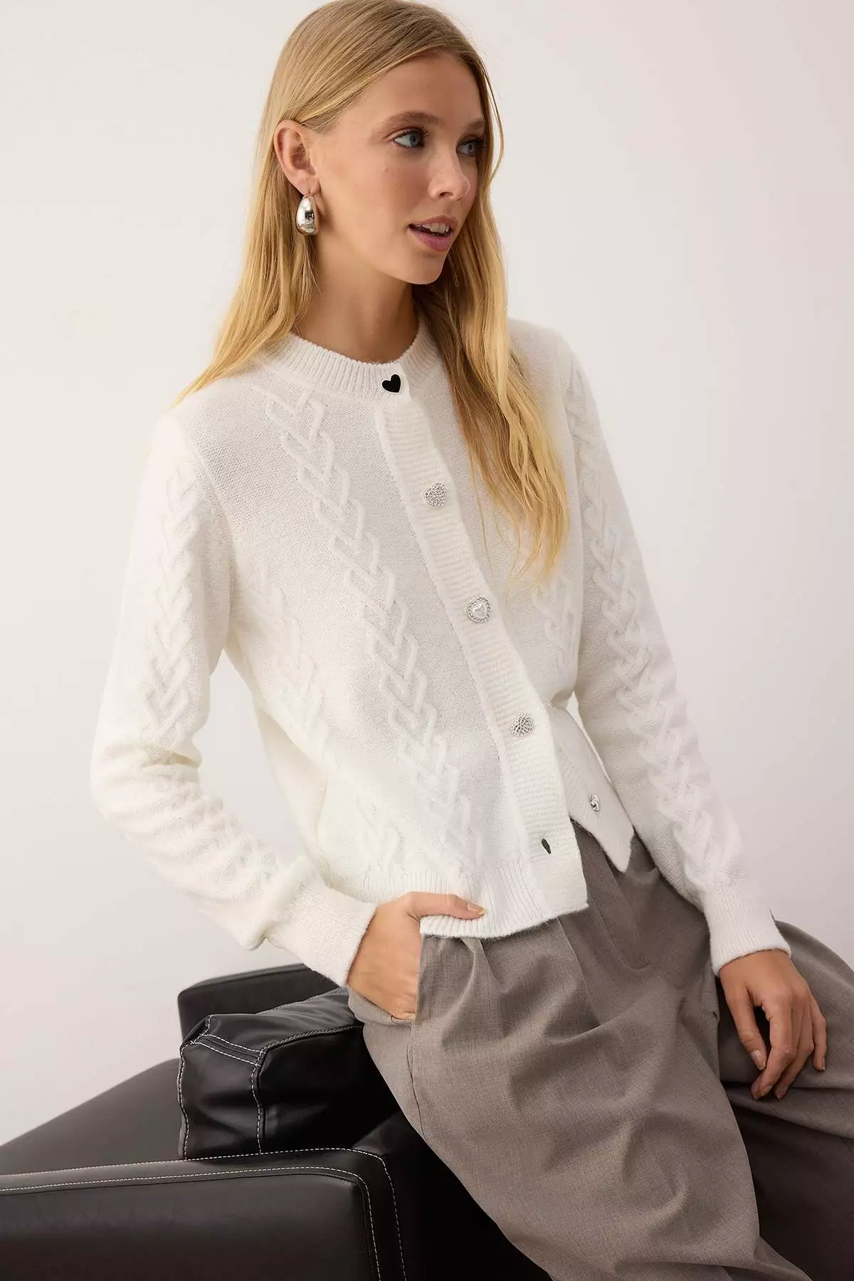 Ecru Knit Button Detailed Soft Textured Knitwear Cardigan