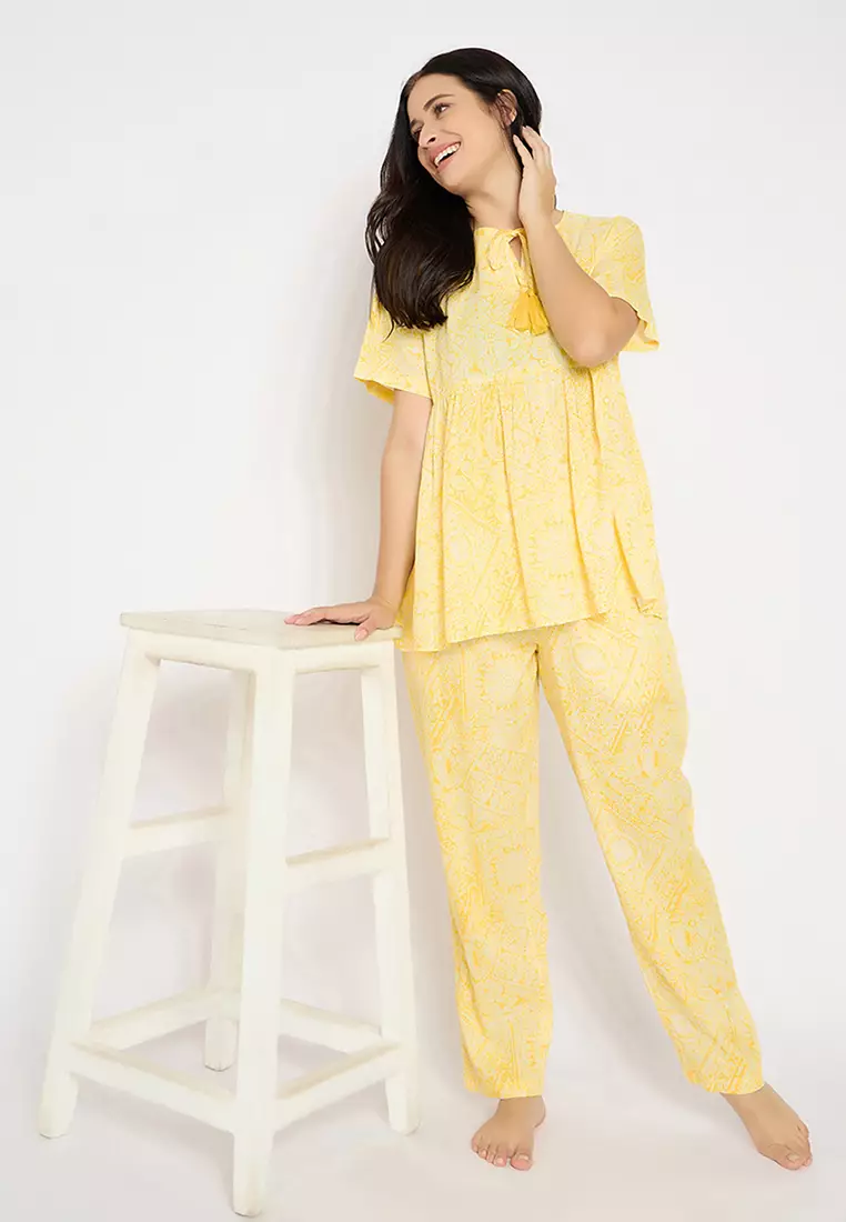 Clovia Printed Peplum Top & Pyjama Set in Yellow - Rayon