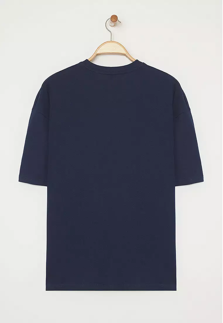 Navy Blue Oversize/Wide Cut Penguin Embroidered 100% Cotton T-Shirt