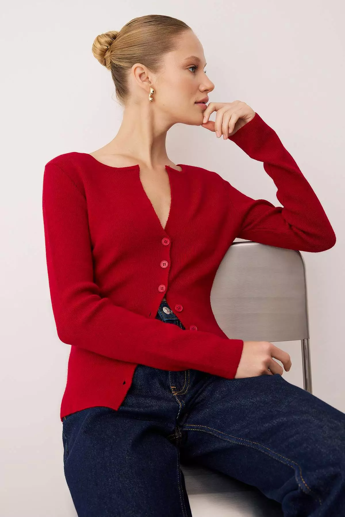 Red Premium Yarn/Special Yarn Fitted/Fitted Wool Knitwear Cardigan Twoaw26Hi46
