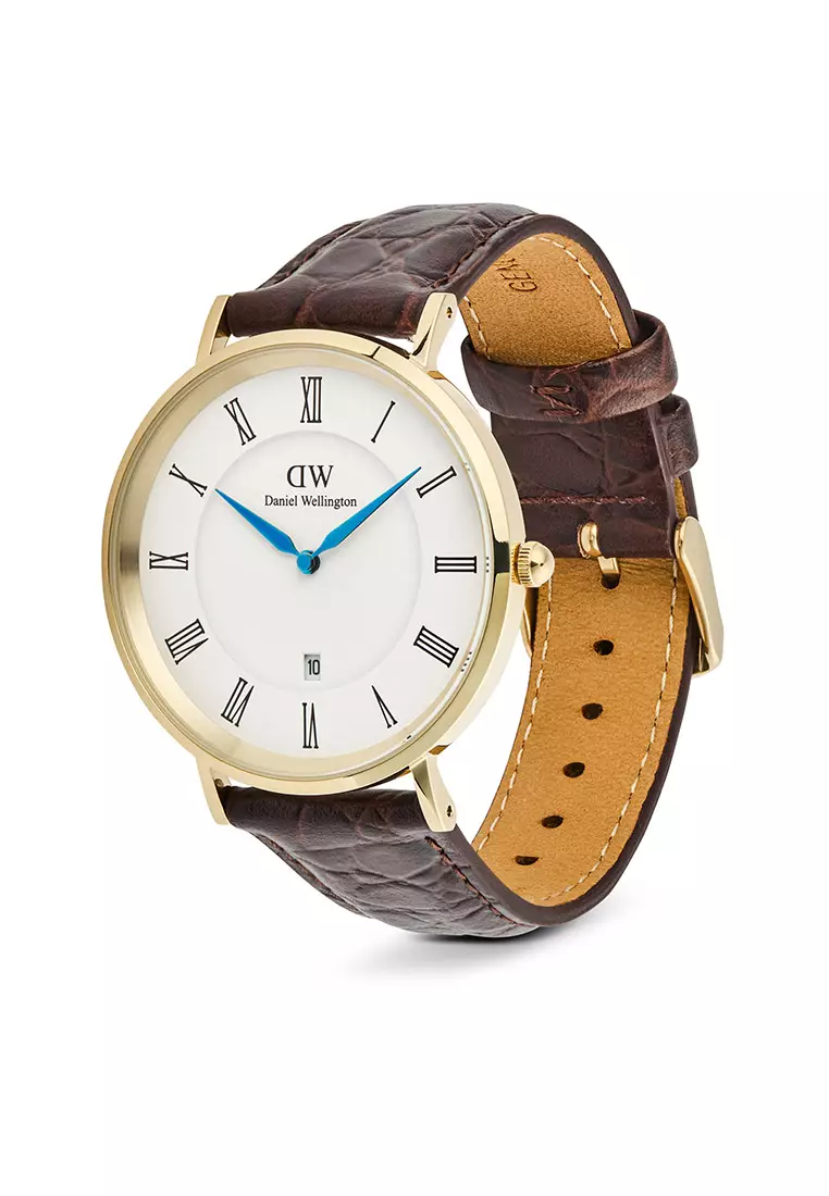 Classic 40mm Roman Numerals Date Dark Brown Croc Belly Gold - Men Watch stainless steel Leather strap watch DW Official Authentic Original 男士手錶 不銹鋼 真皮 手錶 DW 官方 正品