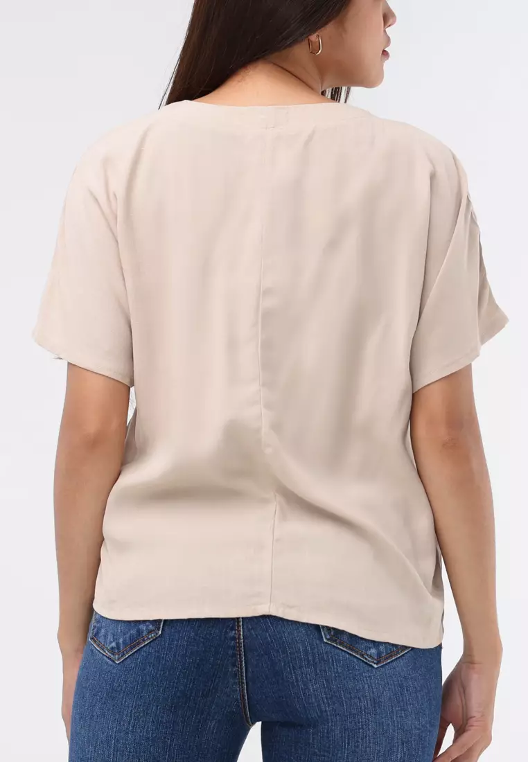 Woven Plain Soft Linen Short Sleeve Blouse