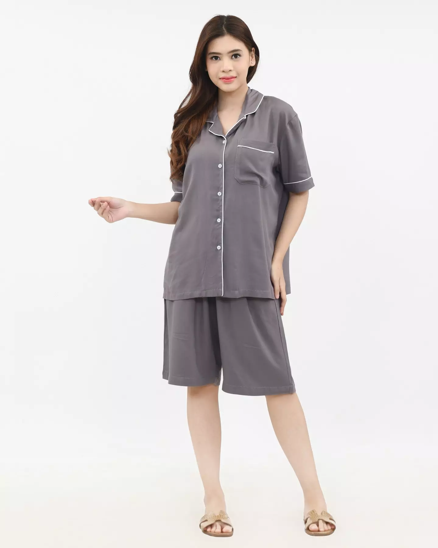 Setelan Piyama Katun Wanita Keisha [ABU ABU] SIZE L-XXL Baju Tidur Short Sleeve Short Pants Plain Sleepwear