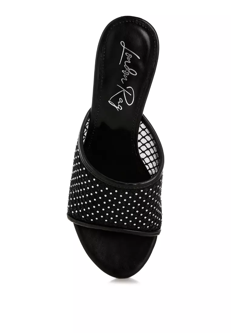 Mesh Clear Heel Wedge Sandals In Black