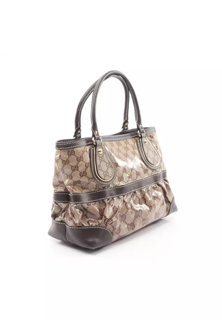 Pre-Loved Gucci GG Crystal Handbag tote bag Coated canvas leather beige Brown