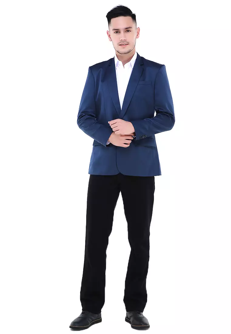 Woreq Jas Blazer Pria Premium Plain Formal Longsleeve Suit Material Polyester ORIGINAL - Navy