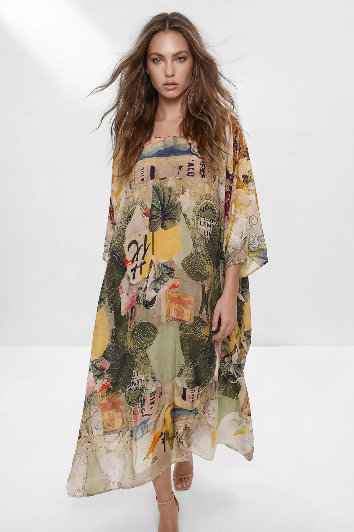 Khaki Tropical Pattern Unlined Cool Fabric Hijab Dress Tctss26Eb00161