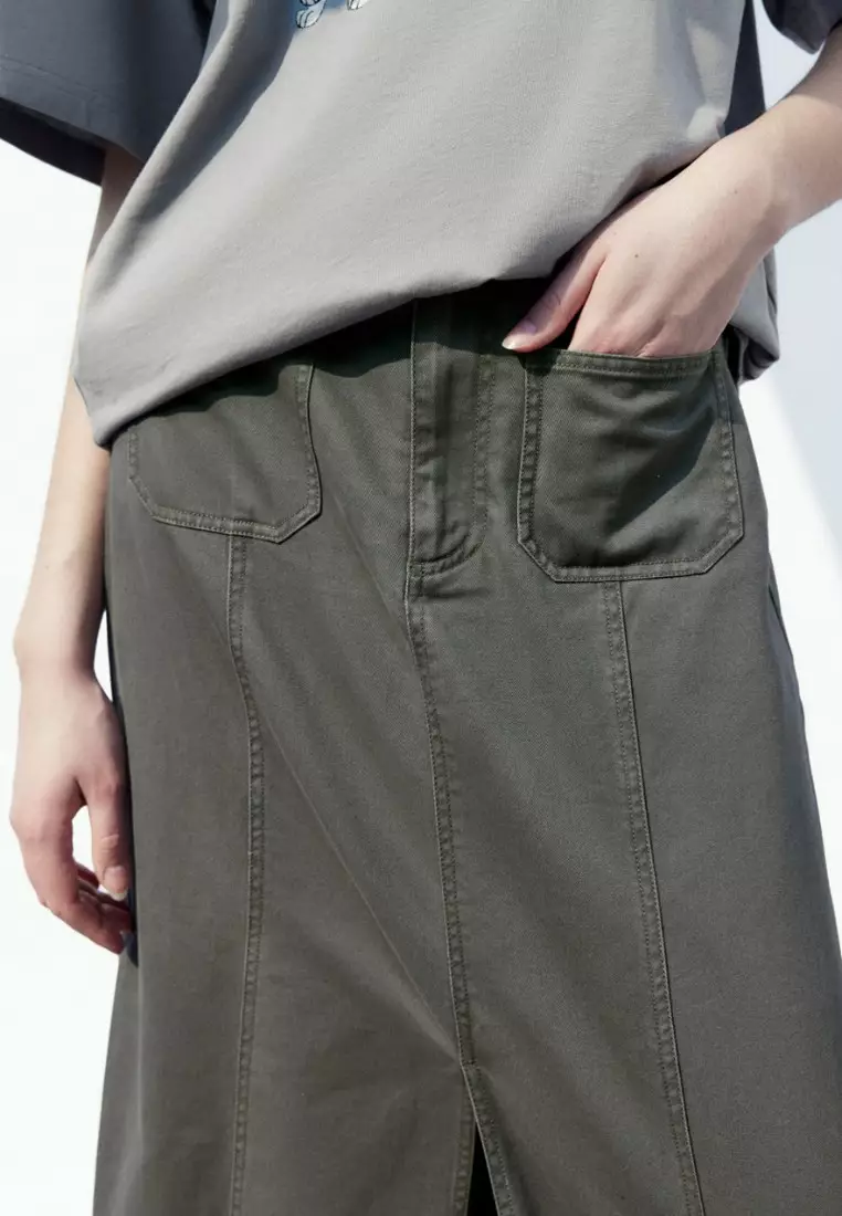 Workmanship Army Green Slit Thin Straight Straight Skirt