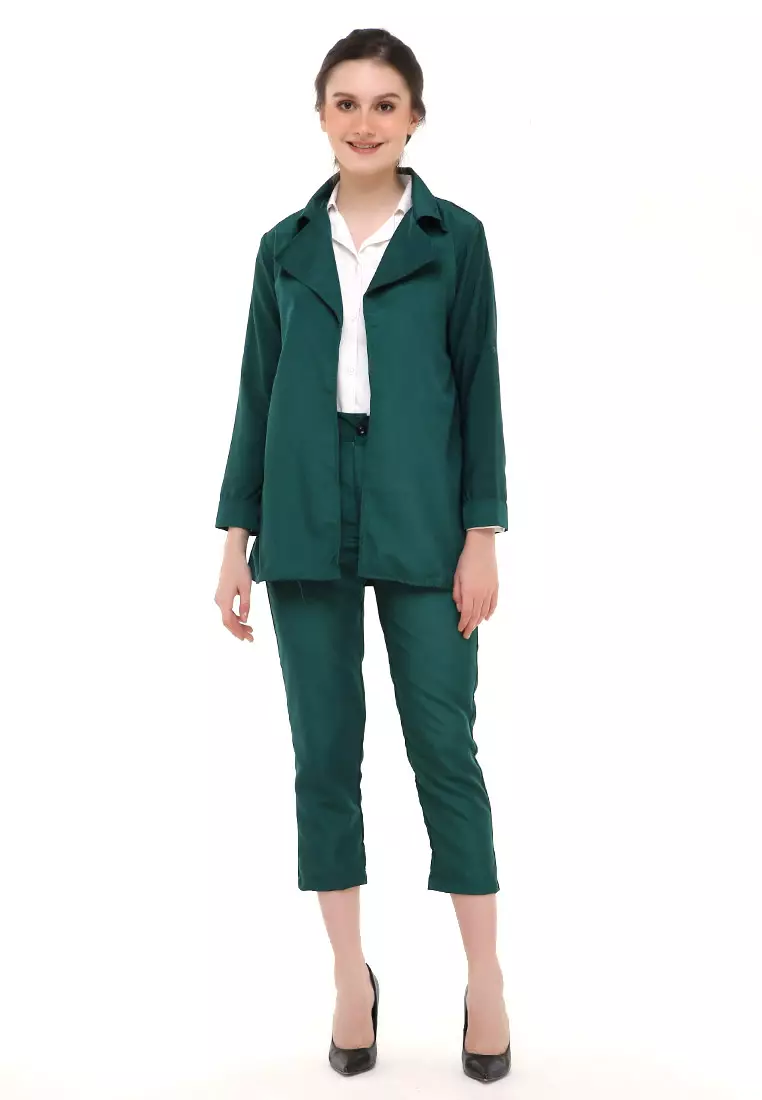 Nicrely Setelan Blazer Wanita One Set Longsleeve Suit Zipper Pant Material Twiscone ORIGINAL - Army