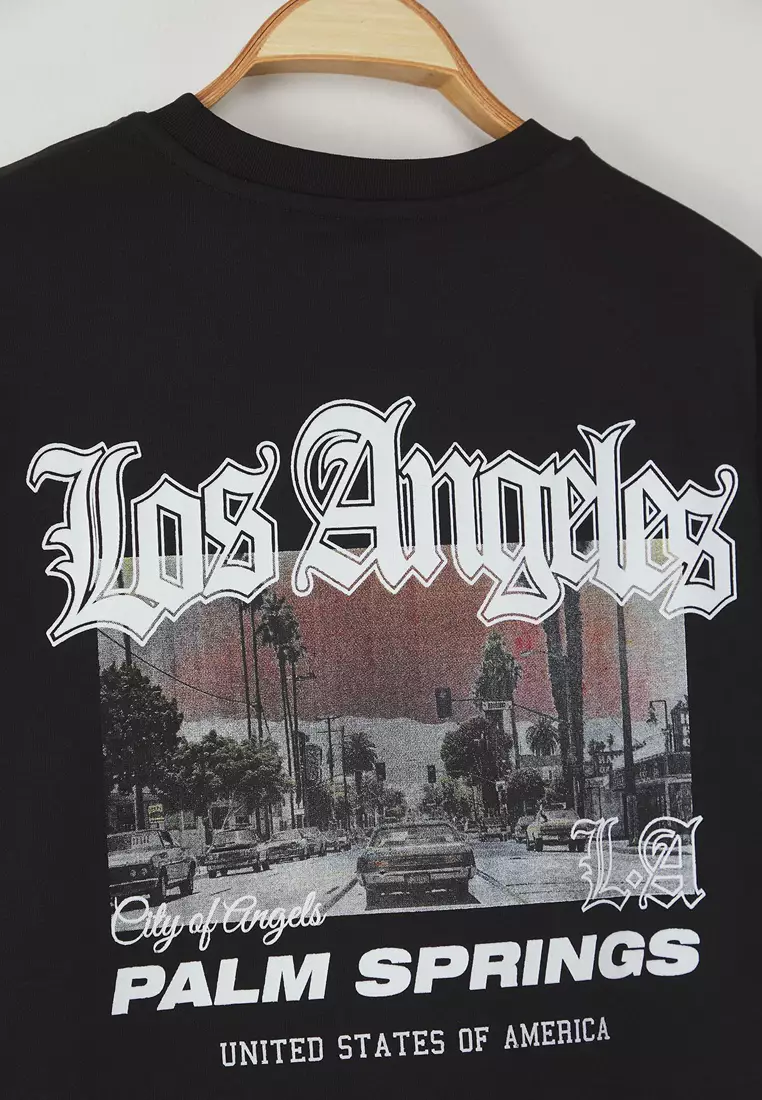 Black Oversize/Wide Cut 100% Cotton Back Printed Los Angeles Printed T-Shirt TMNSS23TS00168
