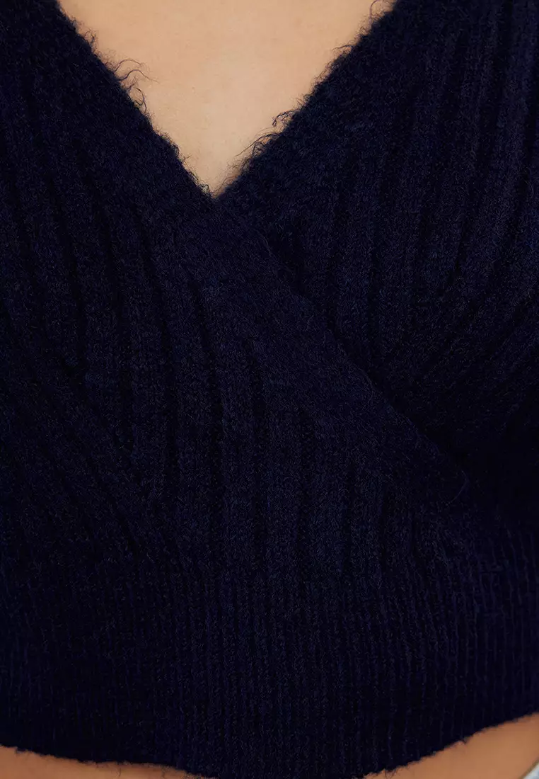 Navy Blue Crop Soft Textured Double Breasted Knitwear Sweater TWOAW24KZ00381