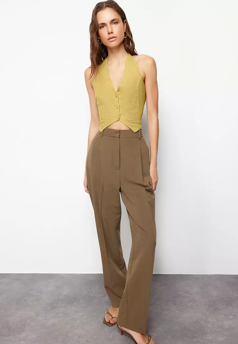 Oil Green Halter Neck Gathered Back Cotton Linen Crop Woven Blouse TWOSS24BZ00238