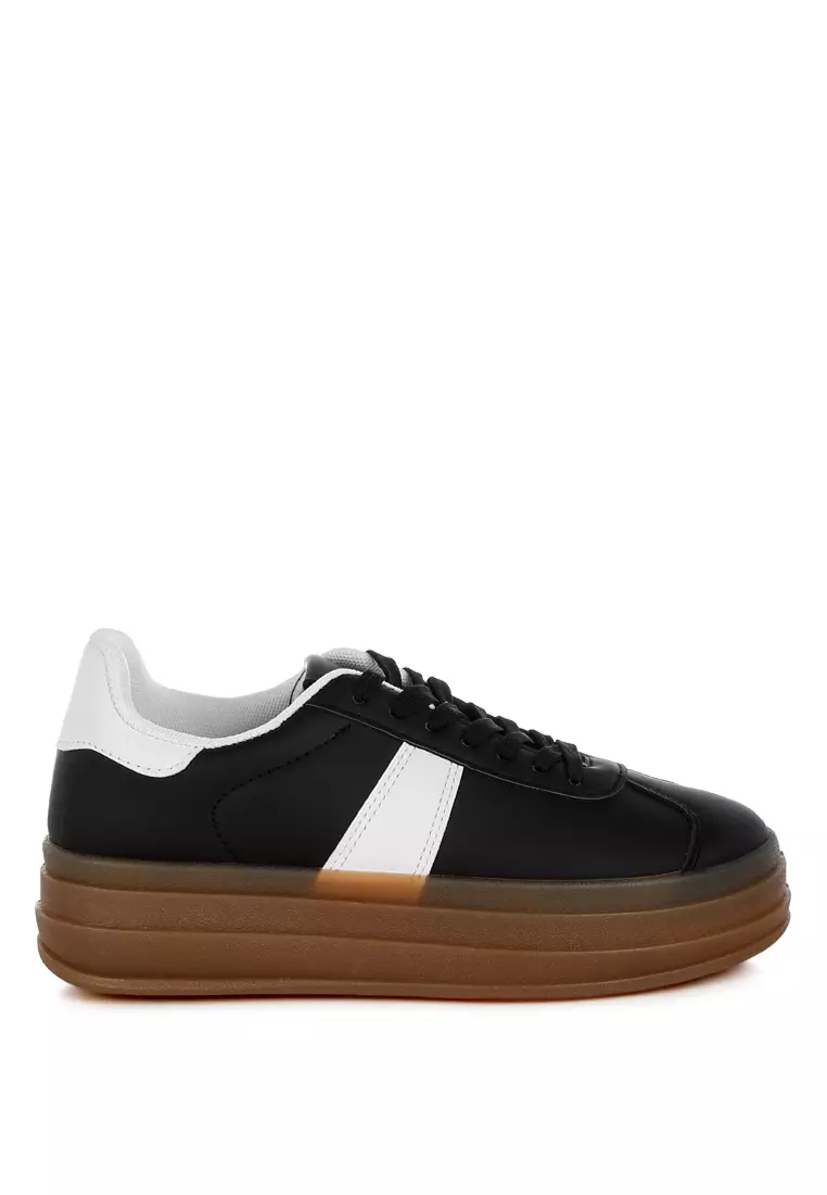 Faux Leather Lace-Up Sneakers in Black