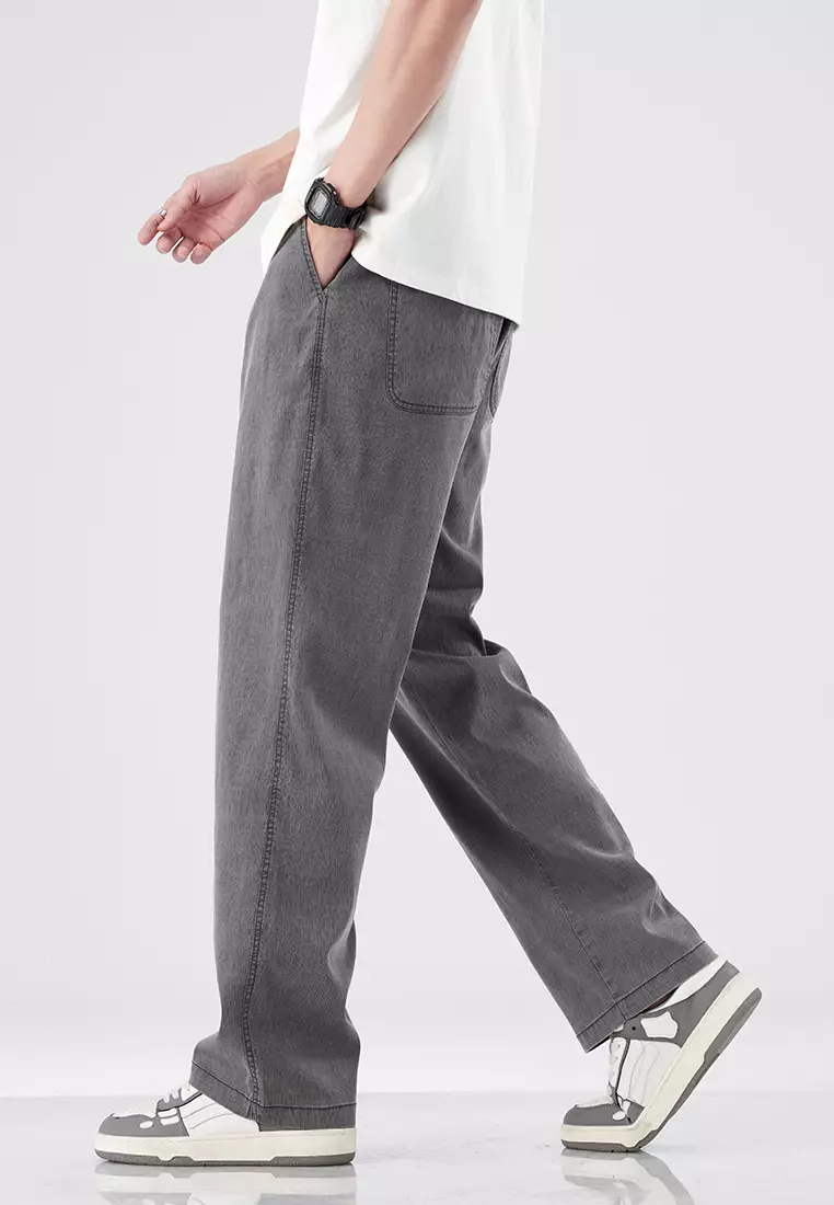 Buy OPCHIC Men's Casual Ice Silk Drawstring Loose Straight Pants