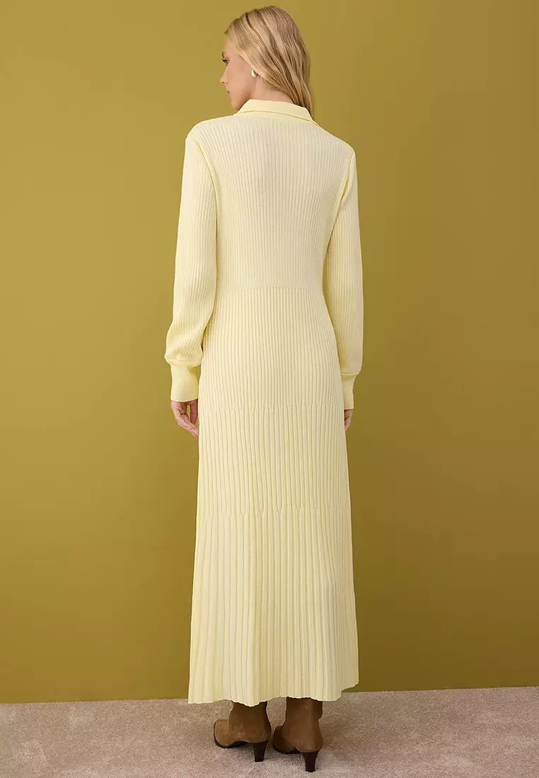 Butter Yellow Metal Button Detailed Knit Rib Dress