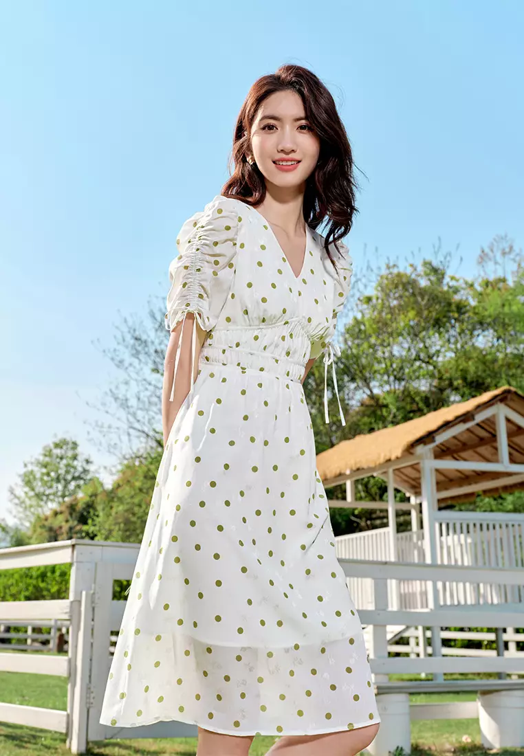Buy Hopeshow Puff Sleeve V-Neck Shirred Polka Dot Midi Dress 2025