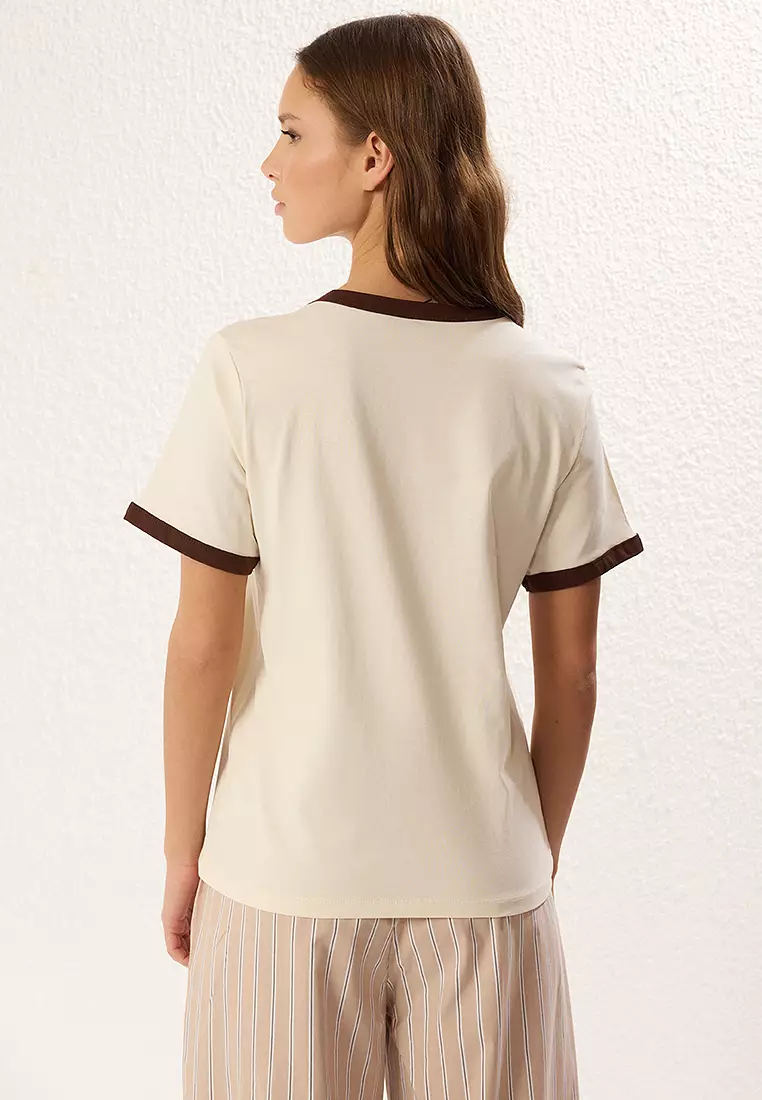 Stone Embroidered Contrast Piping Detailed Knitted T-Shirt