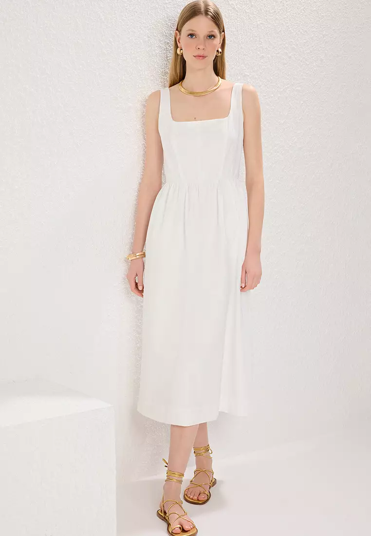 White Waist Opening Corset Seam Detail Lined Midi Woven Dress TWOSS24EL00038