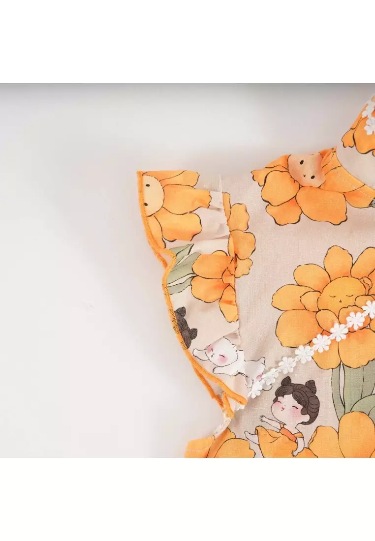 向日葵小女孩與貓嬰兒兒童女童旗袍連衣裙0846