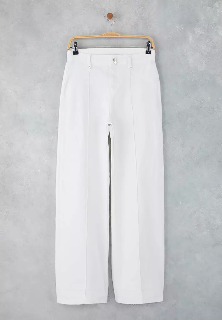 White High Waist Ribbed Detailed Cut-Out Wide Leg Jeans